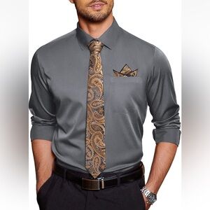 COOFANDY Men's Dress Shirt with Matching Tie and Handkerchief Set!! NEW!!🤎☑️